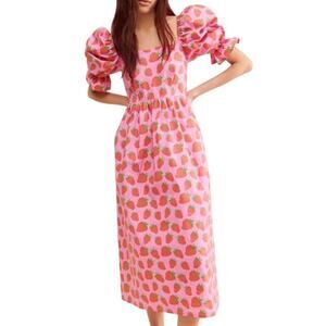 MEGAN CROSBY Women's Sophie Strawberry Midi Dress Size S In Pink Combo